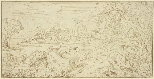 Landschaft mit Gebäuden, im Vordergrund Felsstücke und zwei nur halb sichtbare Figuren