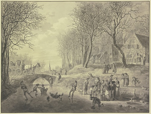 Winterlandschaft, Schlittschuhläufer auf dem Kanal, über den eine steinerne Brücke führt