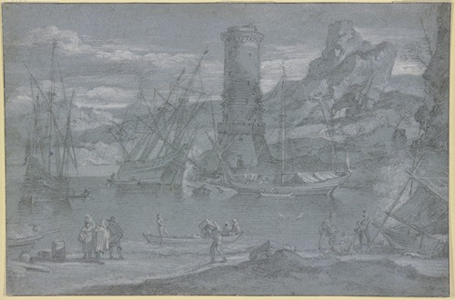 Seehafen, bei dem Leuchtturm liegt ein Schiff auf der Seite, um repariert zu werden