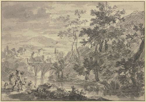 Landschaft mit einem mit Weiden bewachsenem Fluß, über welchen eine Brücke mit drei Bogen führt, vorne Reiter und Fußgänger