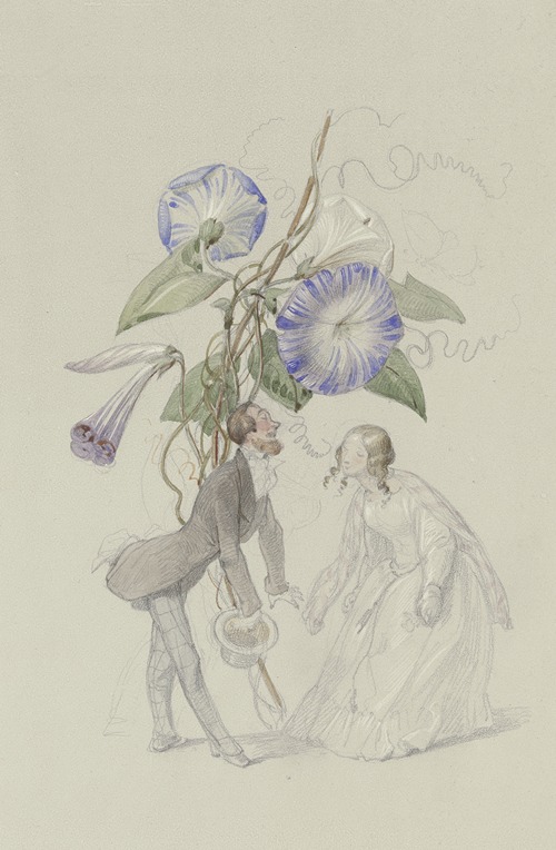 Ein Bouquet von blauen Winden, darunter ein sich voreinander verbeugendes Paar