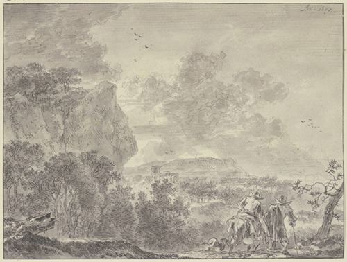 Italienische Landschaft, bewaldete Ebene, vorne zwei Wanderer, der linke beritten
