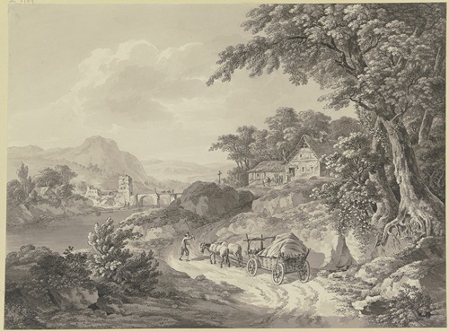 Flußlandschaft mit einer alten Brücke mit Turm, rechts ein Wirtshaus unter Bäumen an einem Hohlweg, auf dem ein Bauer mit seinem Planwagen fährt