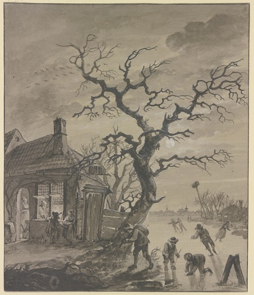 Winterlandschaft im Mondschein mit Schlittschuhläufern bei einem beleuchteten Haus und einem kahlen Baum