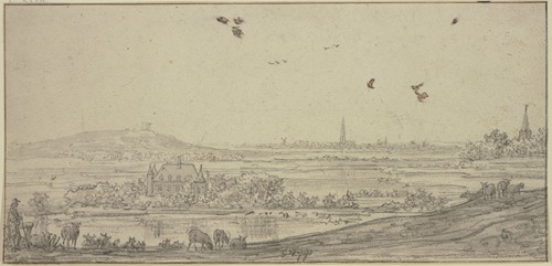 In der Ferne eine Stadt, links ein Haus im Wasser, vorne ein Schafhirte