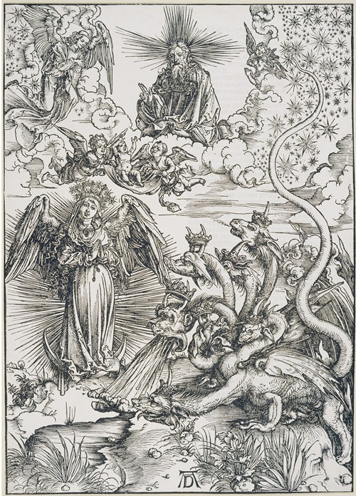 Das Sonnenweib und der siebenköpfige Drache, aus der Folge der Apokalypse, Latein-Ausgabe 1511