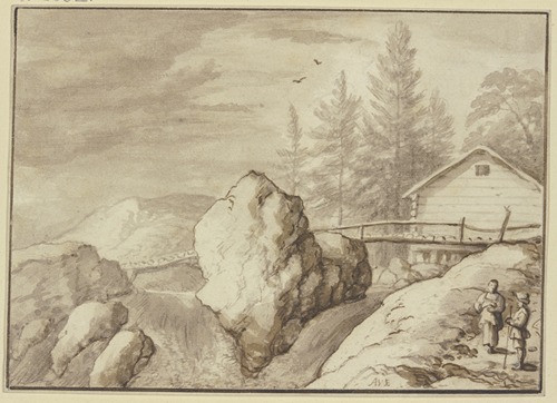 Zwischen Felsstücken ein Wasserfall, dabei ein Steg und ein Haus, rechts zwei Figuren