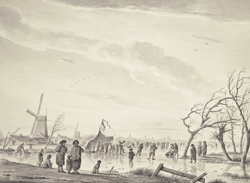 Winterlandschaft mit vielen Schlittschuhläufern und Zelten auf dem Eis, bei einer Windmühle