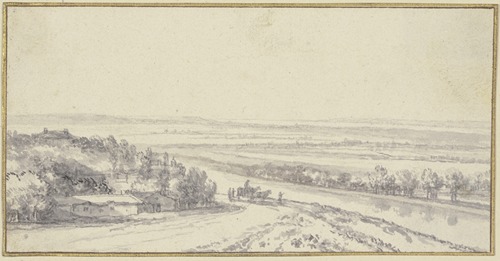 Landschaft mit einem Fluß, links Gebäude unter Bäumen, auf der Landstraße ein Wagen und einige Figuren