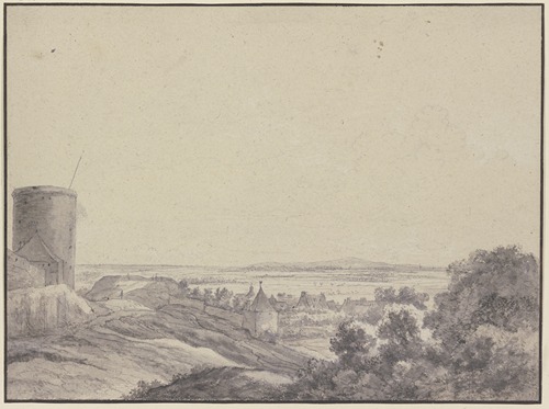 Landschaft, links ein Turm, einige Mauern und Häuser, rechts Gebüsch, Fernsicht
