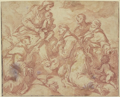 Die Muttergottes mit dem Jesuskind auf Wolken, umgeben von den Heiligen Antonius von Padua und Franziskus sowie zwei weiteren Heiligen