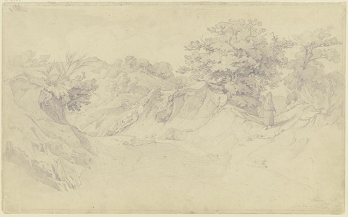 Hohlweg nach Civitella di Olevano, dem heutigen Bellegra, rechts eine wandernde Frau in Rückenansicht