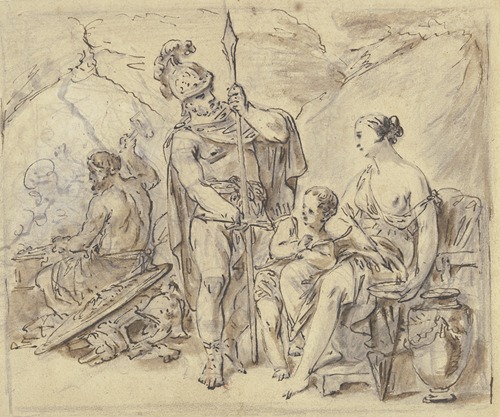 Mars in der Schmiede des Vulkan, vor Venus stehend, die Amors Pfeile in Honig taucht
