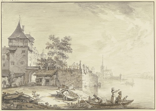 Stadttor bei einem Turm am Wasser (Oestrich), vorne ein Kahn mit drei Personen und einem Hund