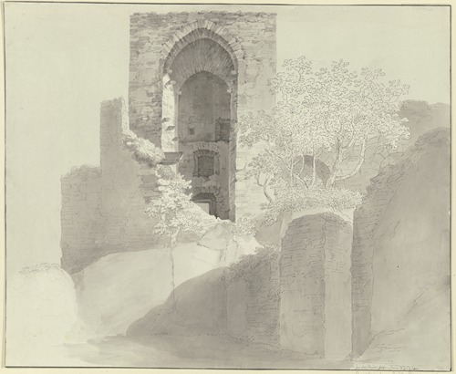 Blick in die hohe Fensteröffnung eines Turmes (Ruine Hohenstein bei Bad Schwalbach)