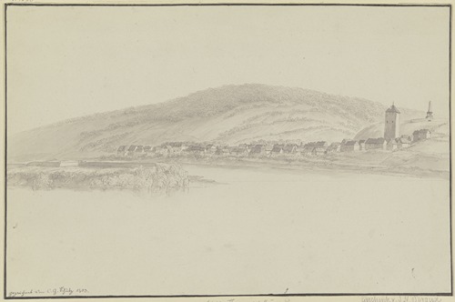 Rheinansicht mit Blick auf Weißenturm gegenüber Neuwied, rechts oben das General-Hoche-Denkmal
