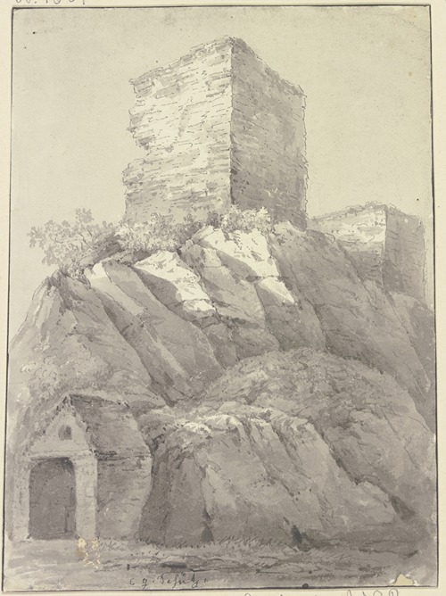 Zwei Burgtürme auf einem Felsen, im Vordergrund ein Steinhäuschen