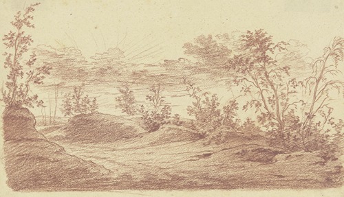 Abendlandschaft, im Vordergrund ein Waldweg mit lichtem Buschwerk