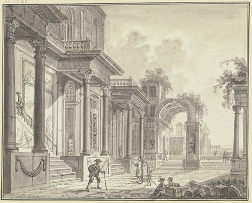 Antiker Palast mit Arkade und Durchblick auf Architektur und Landschaft, im Vordergrund Staffagefiguren