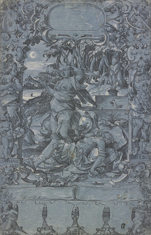 Thisbe an der Leiche des Pyramus, in der Rahmung links Daphne mit dem Amorknaben, rechts Apollo, vom Pfeile Amors getroffen, oben und unten Putten