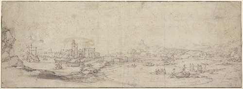 Bei einer ruinierten Festung eine Brücke über einen mit Kähnen befahrenen Fluß, links ein großes Schiff