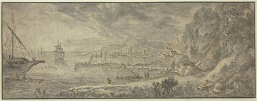Marine, rechts große Felsen, vorn ein Maultiertreiber, im Hintergrunde eine Stadt