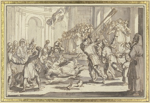 Martyrium des heiligen Jacobus des Jüngeren; Der Heilige wird von einer Volksmenge gesteinigt und mit dem Walkerholz erschlagen