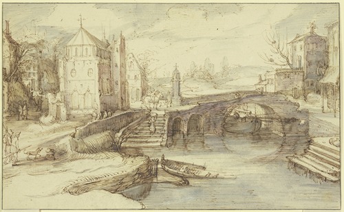Stadtansicht mit einer Brücke, unter welcher ein Schiff durchfährt, dabei eine Treppe, die eine Frau mit einem Korbe hinaufsteigt