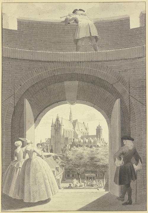 Die Hooglandse Kerk in Leiden, durch ein geöffnetes Tor in der Ringmauer der Burcht van Leiden gesehen