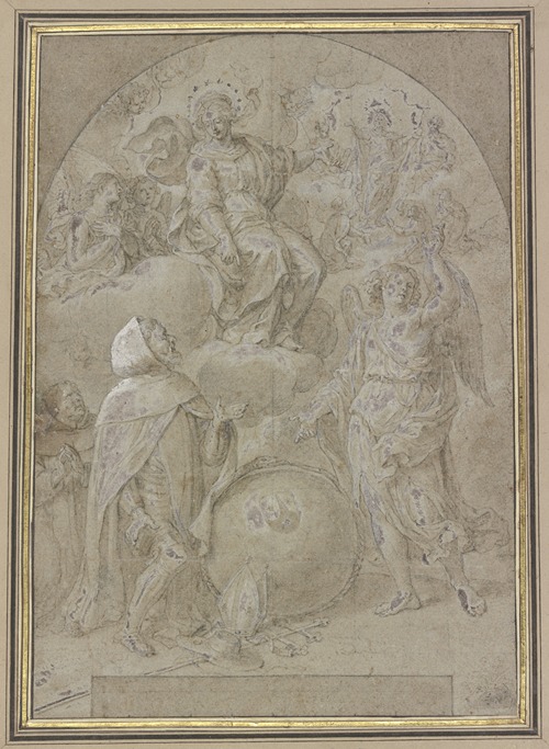 Geharnischter Mönch kniet vor einer Weltkugel, ein Engel deutet auf Maria, diese nach Christus