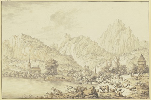 Gebirgsdorf mit zwei Kirchtürmen, an einem See gelegen