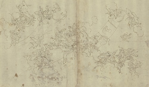 Tierkreis mit Jupiter und Merkur, vor denen ein Fürst sitzt, rechts unten Phoebus auf dem Sonnenwagen, links oben der Gott der Zeit