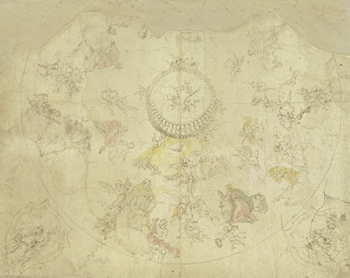 Dreieinigkeit, Maria und Heiligen auf Wolken und Szenen aus Heiligenlegenden, in zwei Eckzwickeln die Heiligen Ambrosius und Augustinus