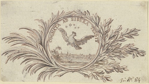 Titelvignette zu den Nouveaux Mémoires de Berlin (unter Verwendung von Leibniz’ Akademiesiegel der Kurfürstlich Brandenburgischen Sozietät der Wissenschaften)