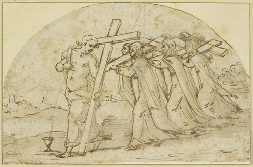 Allegorische Darstellung des kreuztragenden Christus, gefolgt von kreuztragenden Nonnen