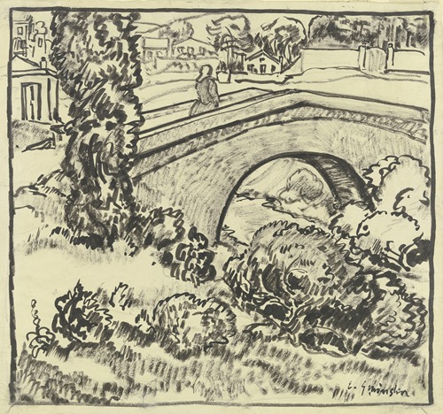 Landschaft mit Brücke und Ortschaft