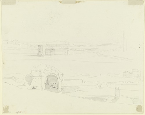 Oben römische Campagna mit Brückengebäude, unten Blick von der Grotte der Egeria zum Grabmal der Cecilia Metella an der Via Appia