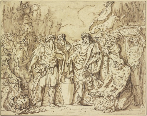 Abraham und Melchisedek opfern Brot und Wein zum Dank für die Besiegung der fünf Könige