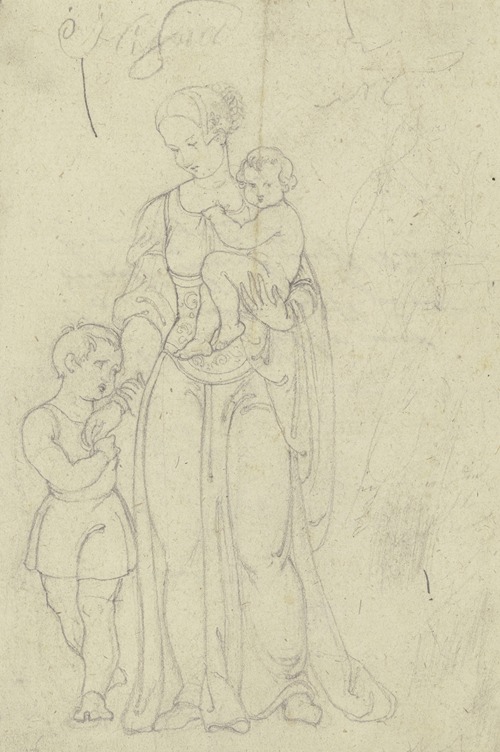 Frau im Renaissance-Habit mit einem Kind auf dem Arm und einem Jungen zu ihrer Rechten