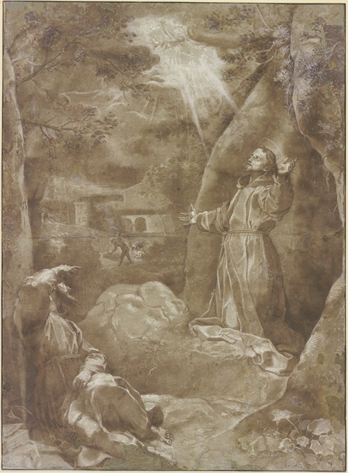 Der Heilige Franziskus empfängt im Beisein Bruder Leos von Assisi die Wundmale