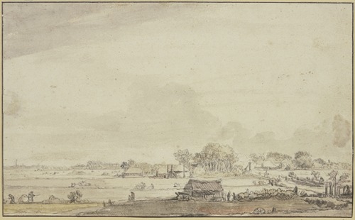 Landschaft mit zerstreuten Hütten, links sind Leute mit der Ernte beschäftigt