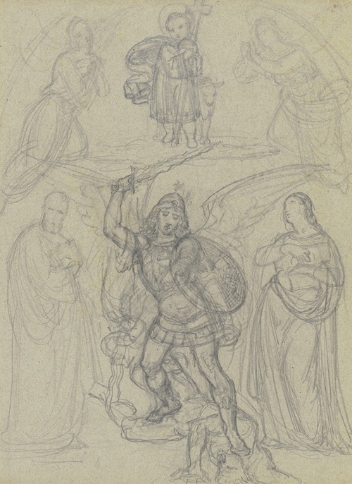 Das Jesuskind mit Kreuz und dem Lamm, von zwei Engeln und zwei Heiligen verehrt, darunter der Erzengel Michael, Satan stürzend