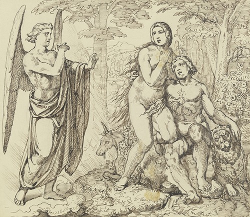 Ein Engel überbringt Adam und Eva Gottes Verbot, vom Baum der Erkenntnis des Guten und Bösen zu essen