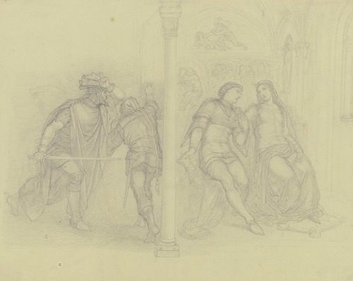 Francesca da Rimini mit ihrem Geliebten Paolo Malatesta, von links nähert sich ihr Ehemann Giovanni Malatesta mit gezogenem Schwert