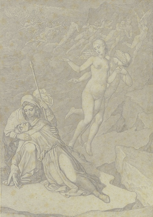 Francesca und Paolo, gemeinsam im zweiten Höllenkreis schwebend, links der klagende Dante, von Vergil getröstet