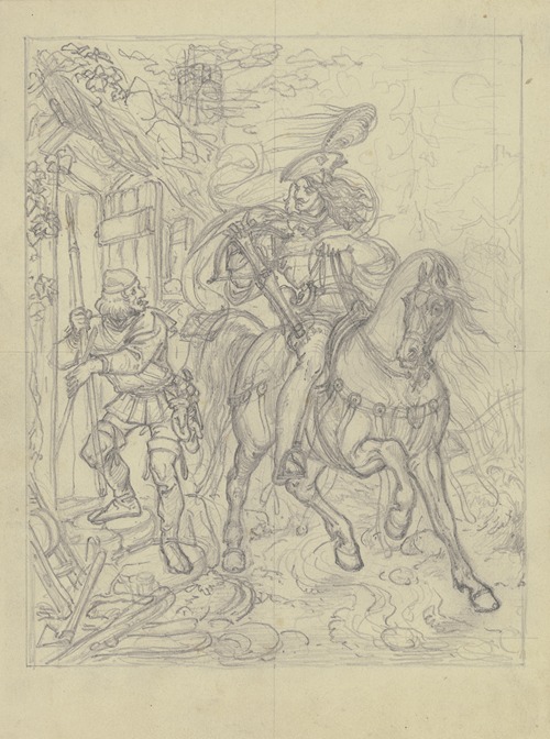 Ungedeutete Szene; Ein Ritter mit Armbrust an einer Hütte haltend, ein Knappe betritt diese.