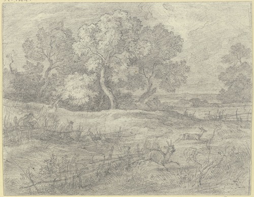 Baumbestandene Wiesenlandschaft, über die Jäger fliehende Rehe verfolgen