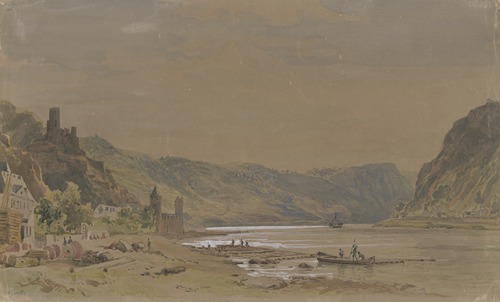 Ansicht von Sankt Goarshausen mit der Burg Maus, im Hintergrund der Loreleyfelsen