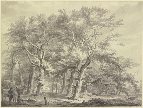 Weg durch einen Wald, rechts eine windschiefe Hütte, links drei Bauern bei einem Wagen