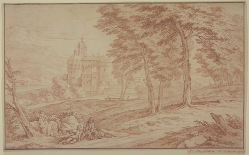 Landschaft, links ein Schloß, rechts Bäume, vorne zwei Knaben am Wege sitzend